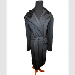 Eddie Bauer Lounge Fleece Robe Black SZ S/M Belted Hooded Pockets Hoodie Cozy